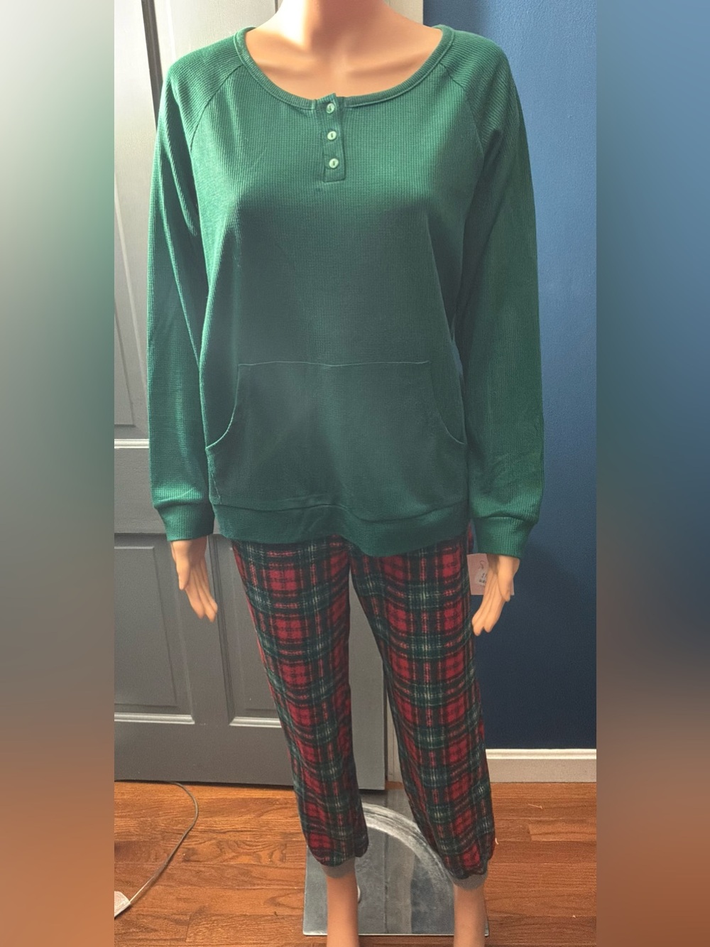 Hanes Green Long-Sleeve Top with Red & Green Plaid Straight-Leg Pants